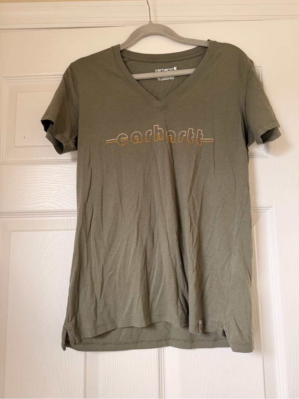 Carhartt Olive Green V-Neck Logo Tee with Yellow Outline